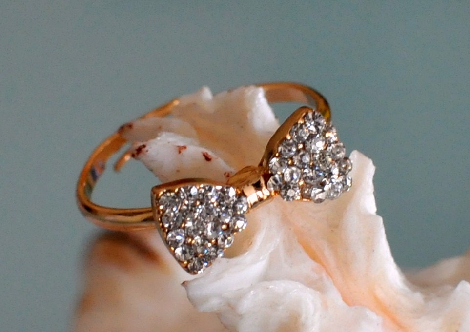 Bow Ring Rhinestone Bow Ring Gold Bow Ring Adjustable Resizable Crystal Bow Ring Gift under 25