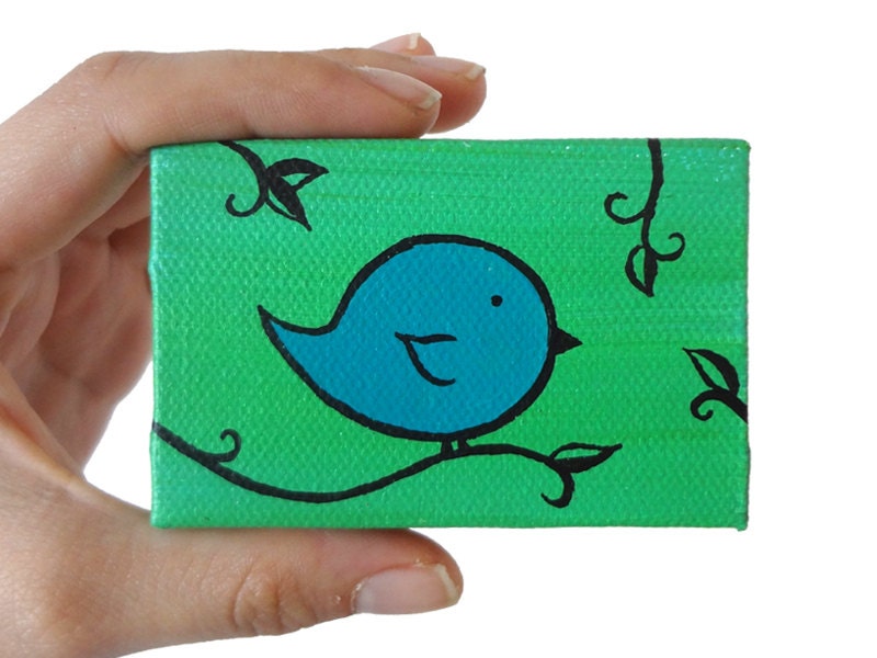 Small Bird Decor - Bird on Branch Canvas Art - MINI Original Painting