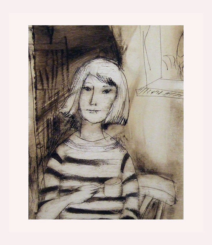 MORNING COFFEE original mixed media MATTED woman portrait  paper