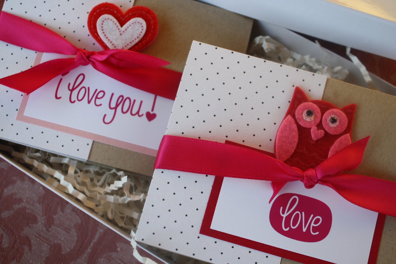 Sweet Valentine Felt Owl Pink and Red Polka Dot Kraft Boxed Notecard Set