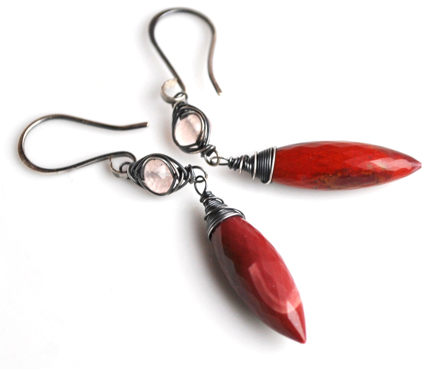 Mookaite Jasper Dewdrop Earrings in Oxidized Sterling Silver with Rose Quartz - Unique Gift For Her, Wire Wrapped Gemstone