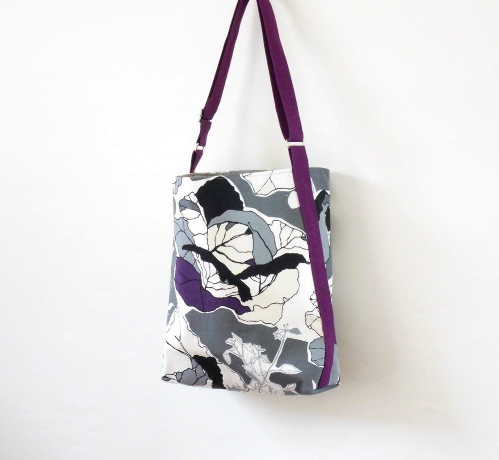 Gray Purple Blossom, Shoulder bag / Cross body bag / Diaper bag / Handbag / Hobo bag / Side strap, Design by BagyBags