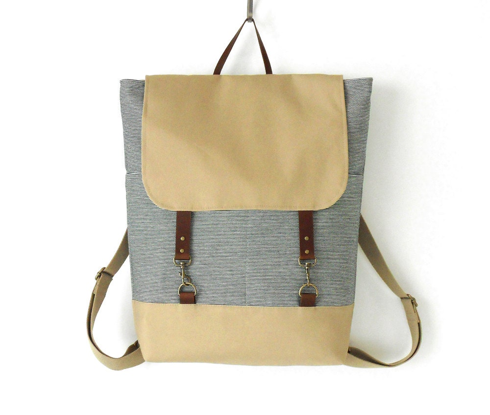 Unisex, Navy stripe denim  Backpack, laptop bag  with leather closure and front pocket, Design by BagyBags