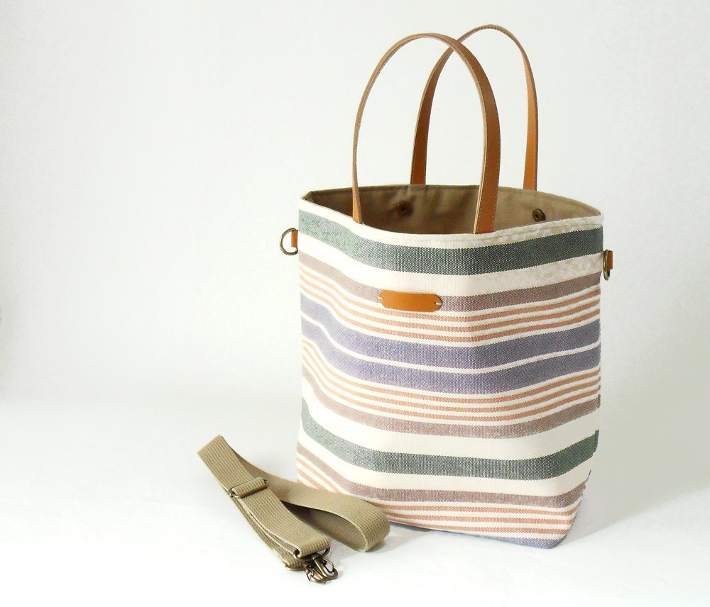 Pastel stripe tote  / cross body bag / diaper bag / handbag / attachable strap, leather handle, Design by BagyBags