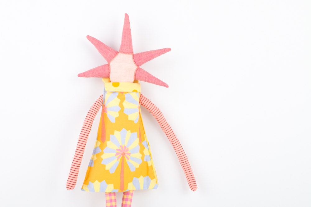 Modern rag doll , peach spikes  doll  With cool pink Haircut , Yellow Retro floral dress , pink  collar, checkered pants. handmade eco doll
