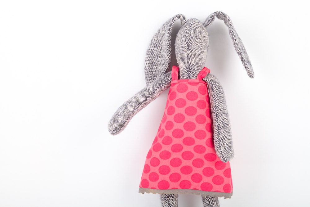 Spring Stuffed Bunny - gray knitted silk  Rabbit Wearing a fuchsia Retro dress with hot pink dots - timo handmade fabric doll