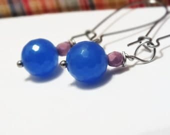 Surgical Steel Faceted Blue Dyed Jade Earring Dangles