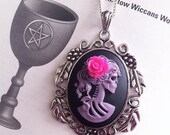 Lolita Cameo Necklace - Purple Skeleton Lady - Pink Rose