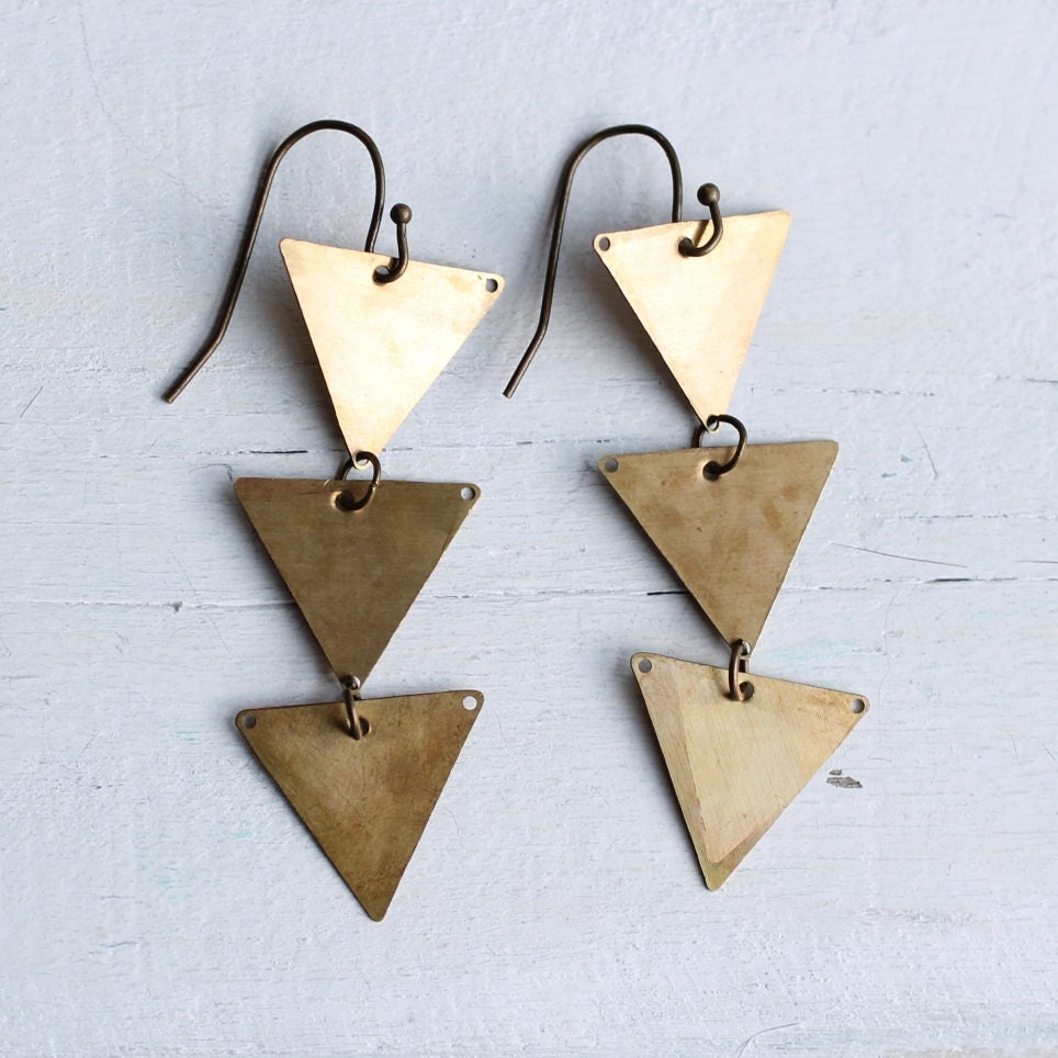 Arrow Triangle Earrings .. Geometric Vintage Brass Modernist Deco
