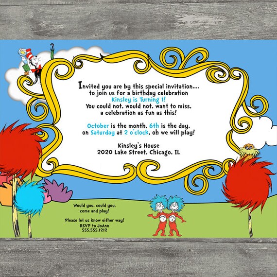 Dr. Seuss, Cat In The Hat - Lorax, Birthday Party Invitation - PRINTABLE INVITATION DESIGN