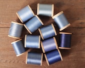 Vintage Sewing Thread Lot - Denim, Sapphire, and Royal Blue Tones, 12 Wooden Spools