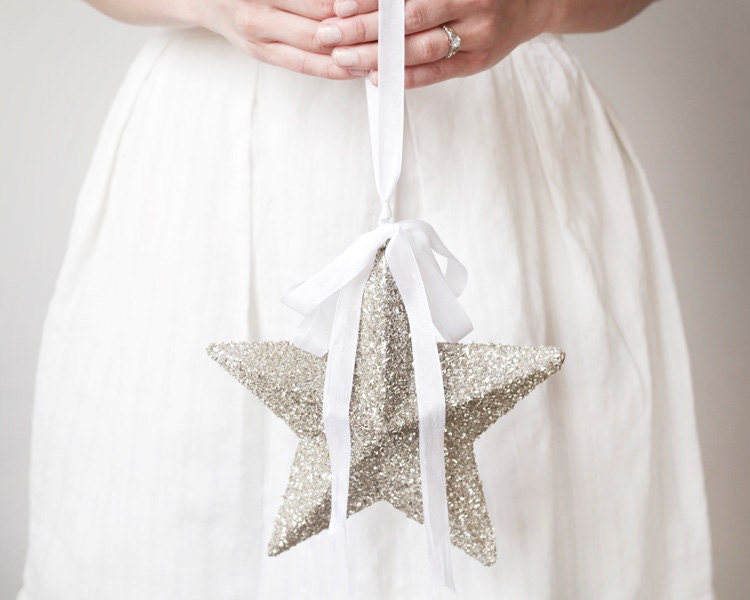 Silver Star Ornament - Large 3D Decoration Shimmering with German Glass Glitter