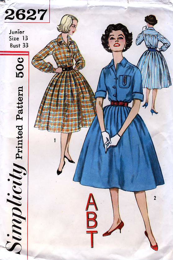 Simplicity 2627 Vintage 50s Junior and Misses' Dress with Transfer for Monogram Sewing Pattern - Uncut - Junior Size 13 - Bust 33