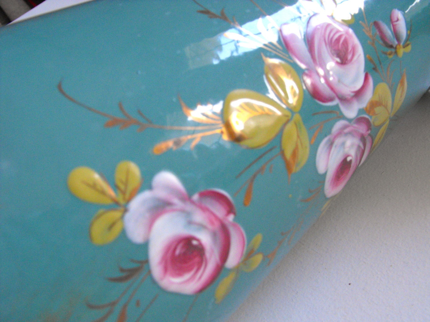 French Vintage Enamelware Pitcher in Teal Green w Hand Painted Flowers
