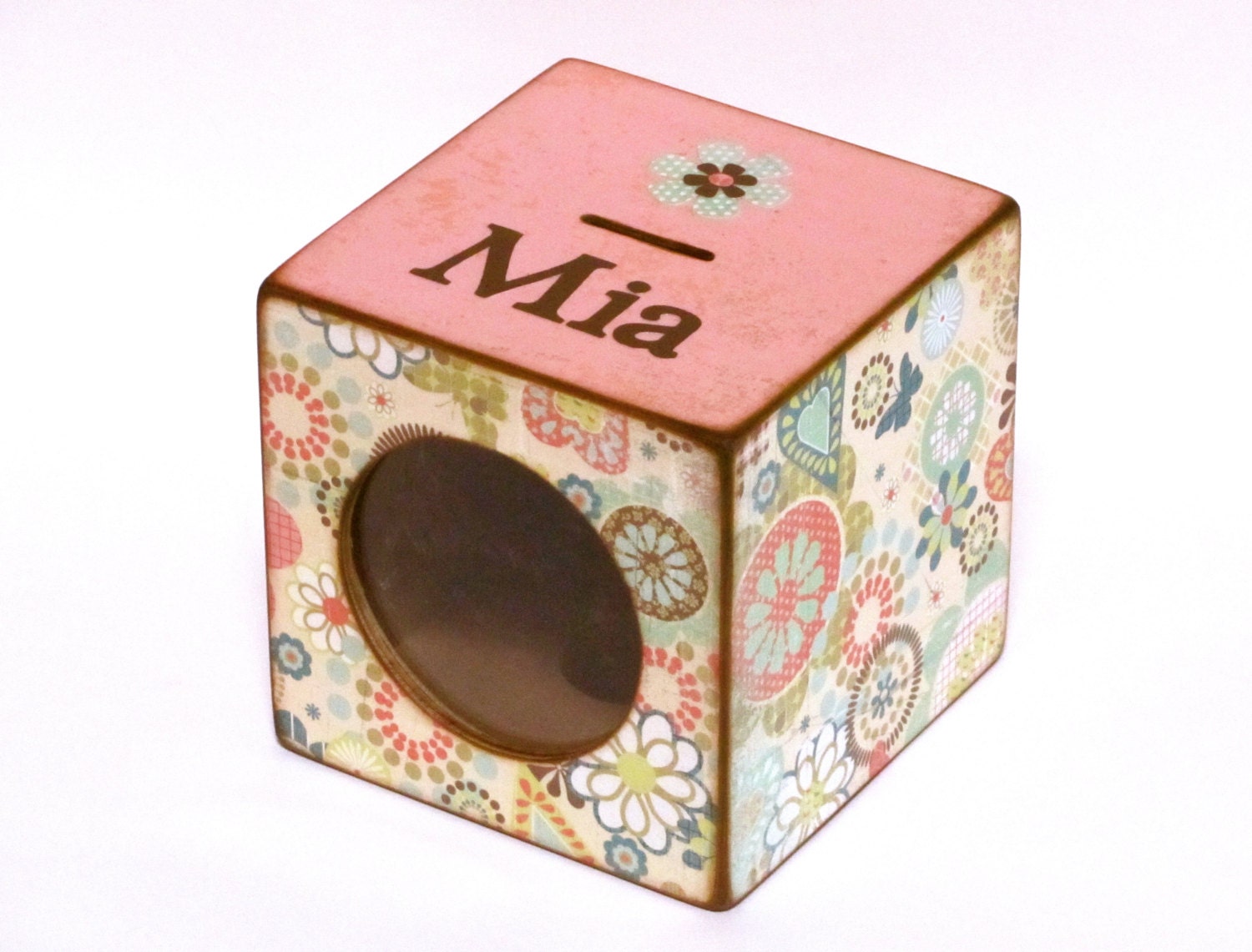 Coin Bank Box Wood Piggy Bank with Window - Pink Hearts and Flowers - Personalized
