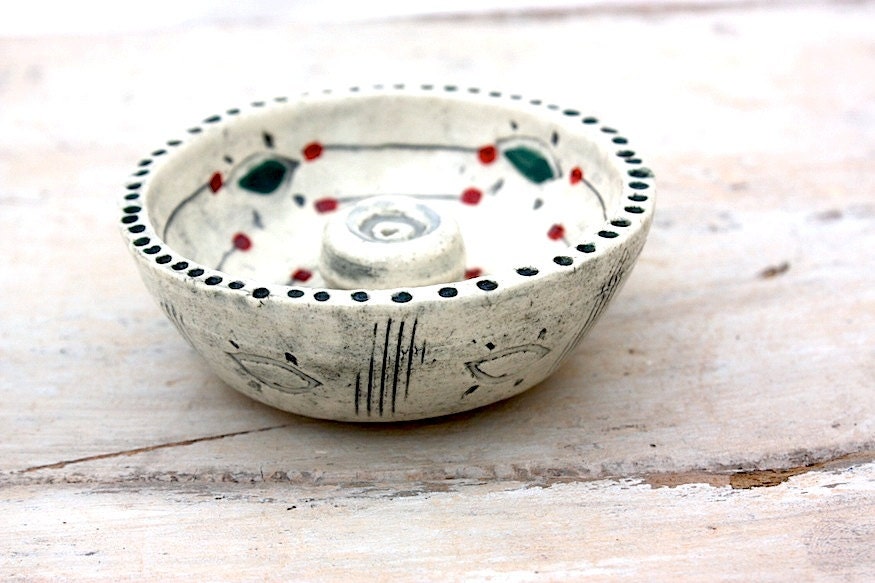 Ceramic Incense Holder with Teal Eye and Red Dots