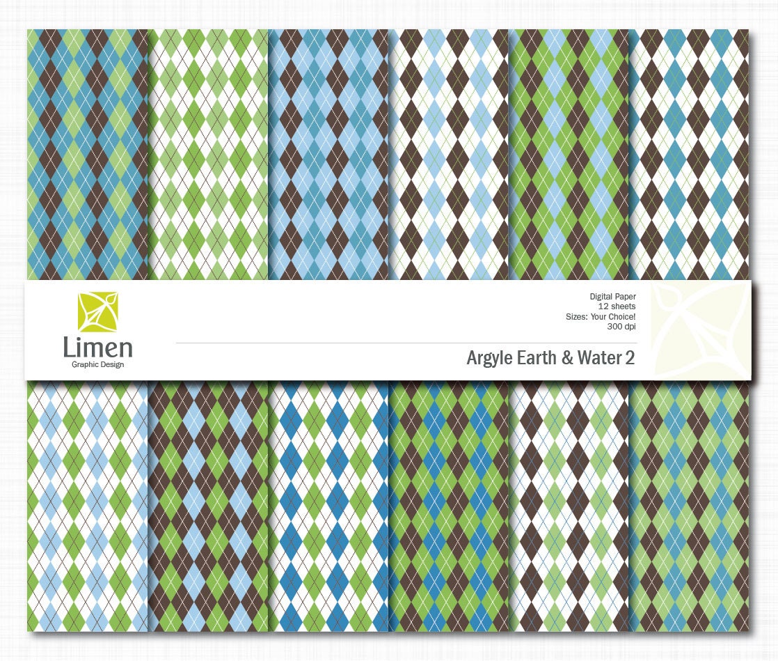 Argyle Digital Paper Pack - Earth and Water 2- 12 designs - Blue and Green - Personal and Commercial Use