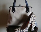Gray grey or Bone Calfskin leather clutch handbag kisslock frame bag with black handles silver spikes