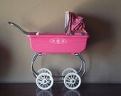 Vintage Pink Plastic Baby Doll Carriage - Retro Toy - Doll Stroller with Fold Down Canopy