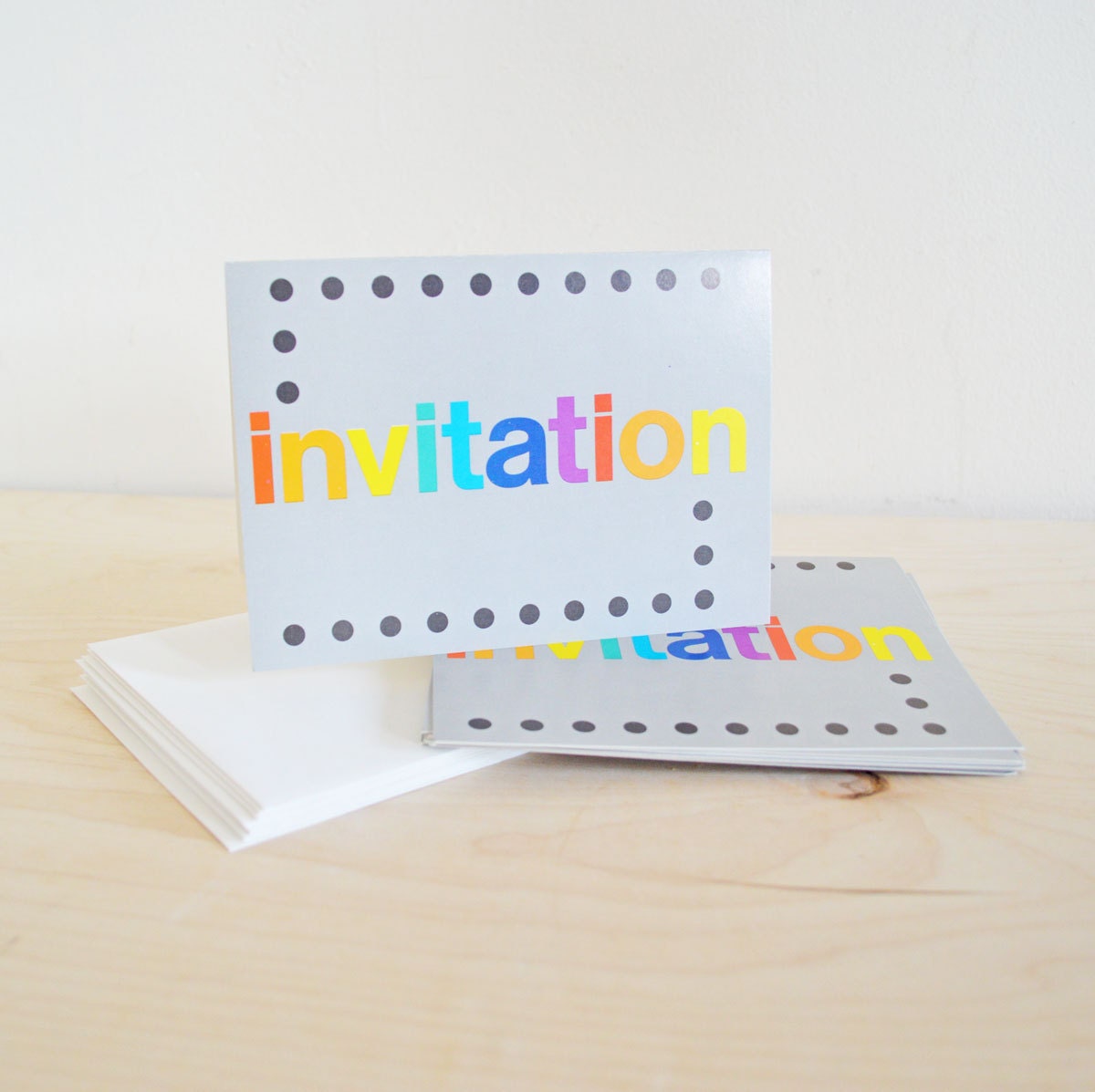 10 Vintage Party Invitations Graduation Birthday Party Art Party Invitations Retro Bold Grey Rainbow Polka Dot Morgan