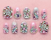 Japanese 3D Nail Art, very beautiful Pink Nails with sparkling rhinestones, Press On Nails, False Nails - (T117N)