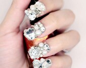 Japanese 3D Nail Art, Press On Nails, False Nails - Silver Rhinestone and Metal Ribbon Decoration (T116N)