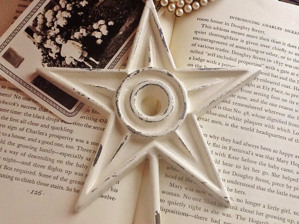 Shabby Cream Star Wall Hook - Bright Cast Iron Star - Distressed Shabby - Metal Wall Hook- Nautical- Winter -Cottage Decor