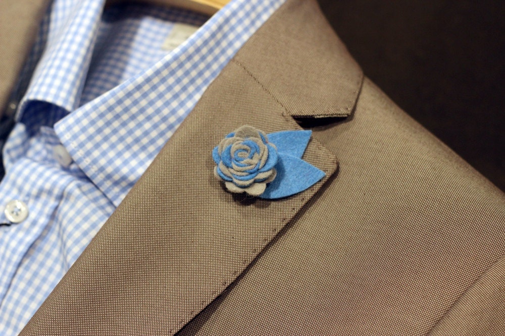 Small two tone summer beach nights boutonniere buttonhole with sky blue and gray Felt Rose and Leafs, Mens accessories, flower pin