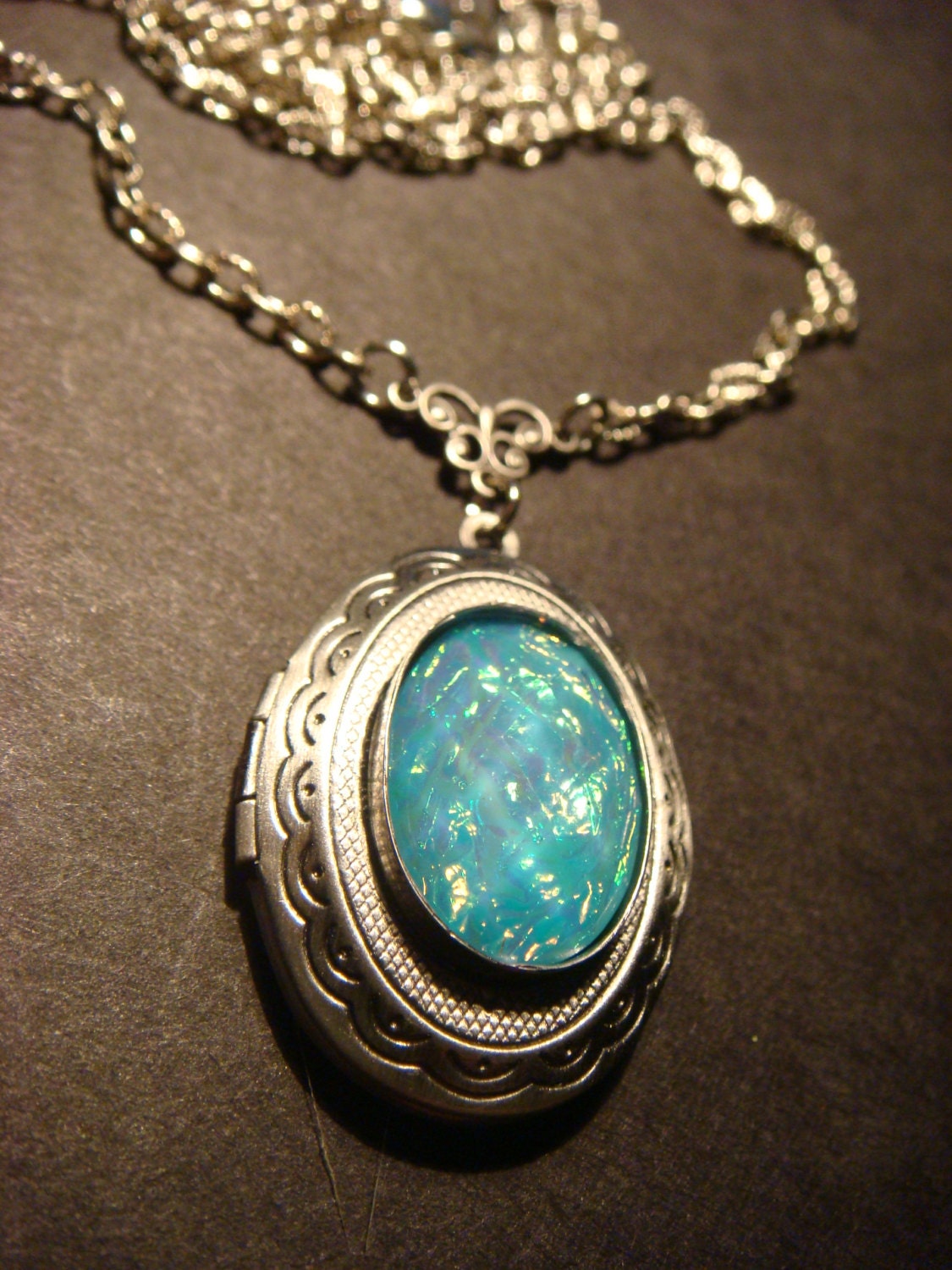 Victorian Style Aqua Opal  Locket Necklace in Antique Silver  (964)