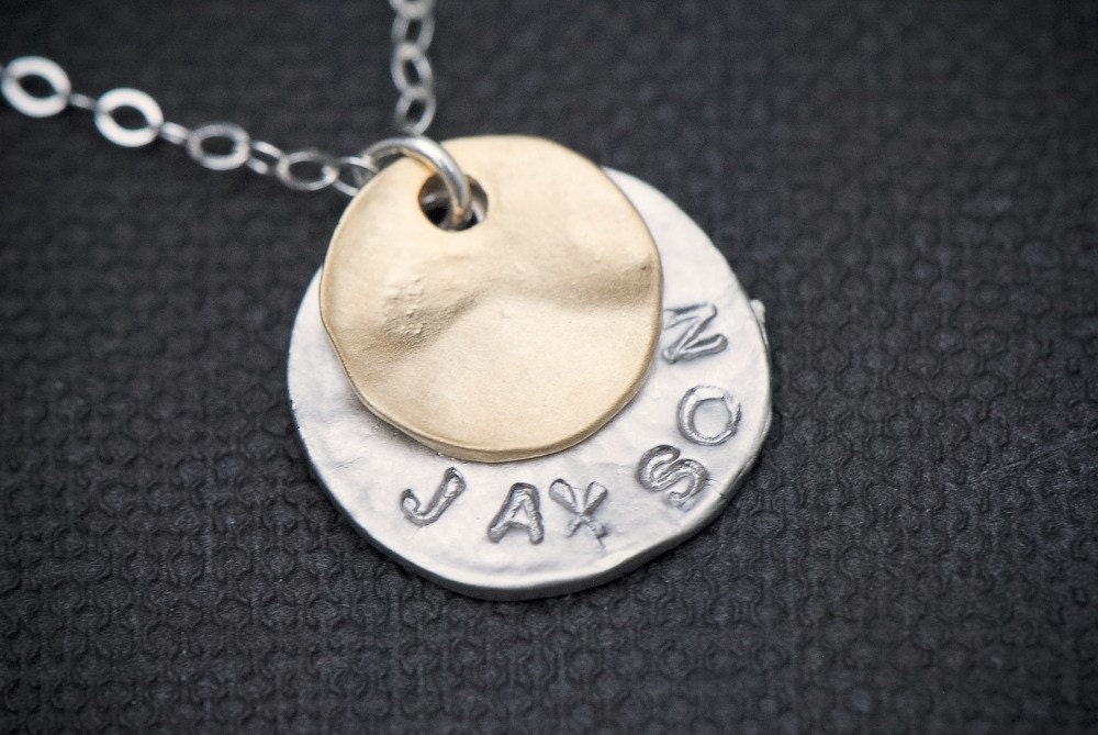 Personalized Disc Name Necklace SILVER and GOLD, Mothers Jewelry, Mother and Child, Mixed Metal Mothers Necklace,Monogrammed Necklace,  JAX