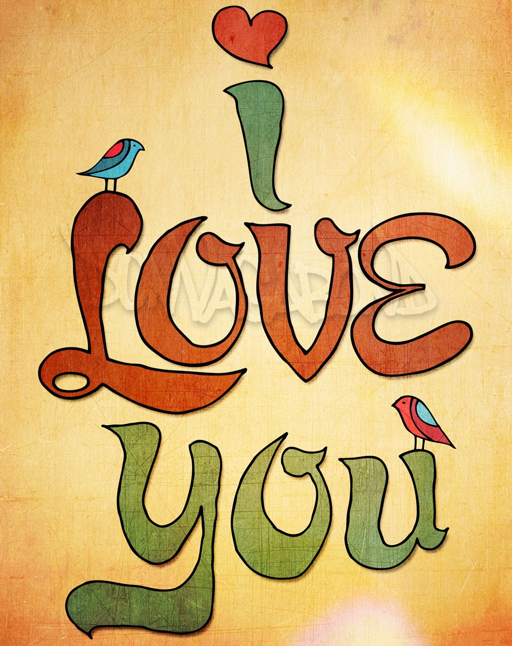 Hand Drawn 8x10 "I Love You" Print  FREE US SHIPPING