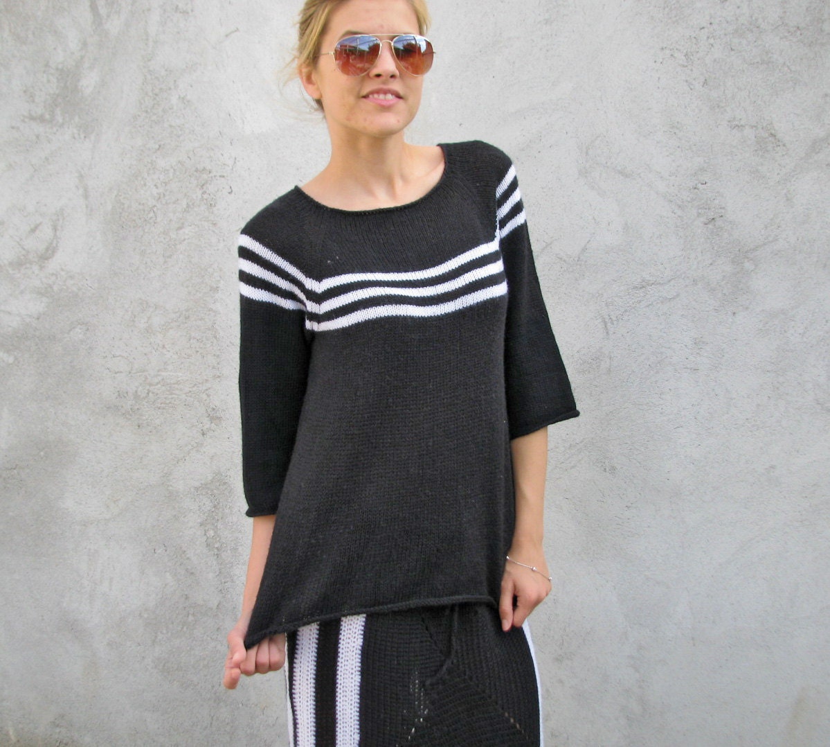 Black and white Women tops  Sweaters & Cardigans handmade Hand knit chunky  Sweater...S/M