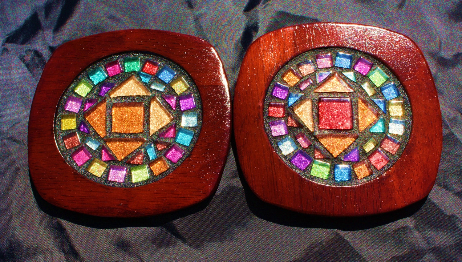 Wood  Mosaic Coasters - Multi Colored Glitter Tiles - Set of 2