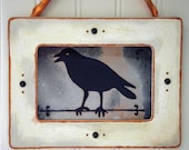 Raven on a Perch Silhouette Antiqued Mirror Art White Rustic Frame