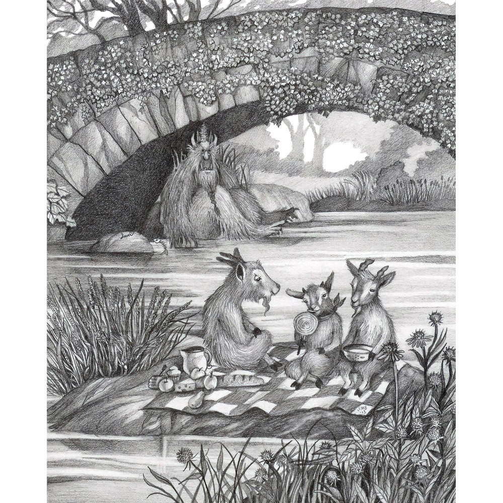 8x10 Giclee Illustrated Print of 3 Billy Goats Gruff in Central Park