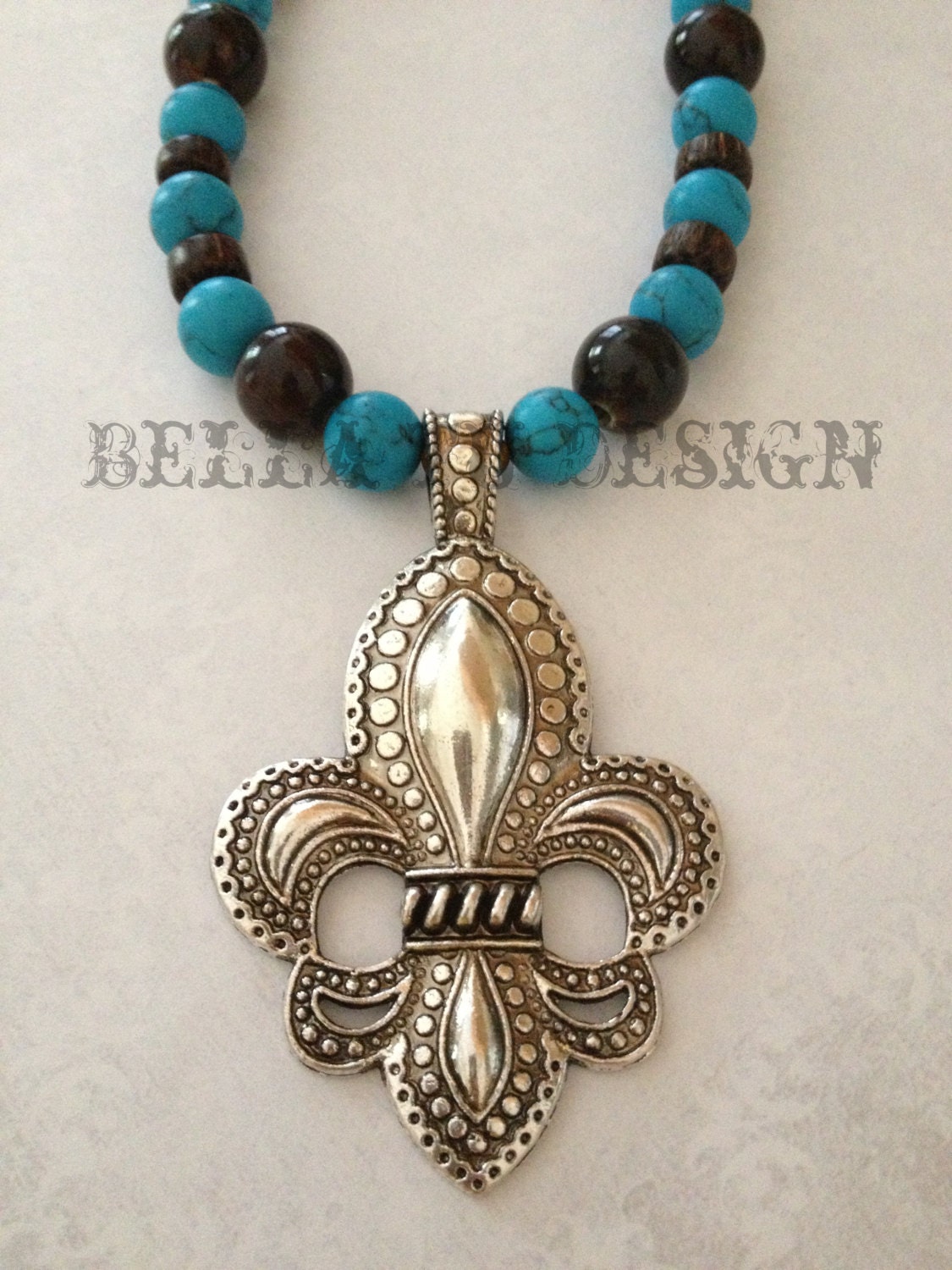 Turquoise and Brown Fleur De Lis Necklace (Ready to Ship)