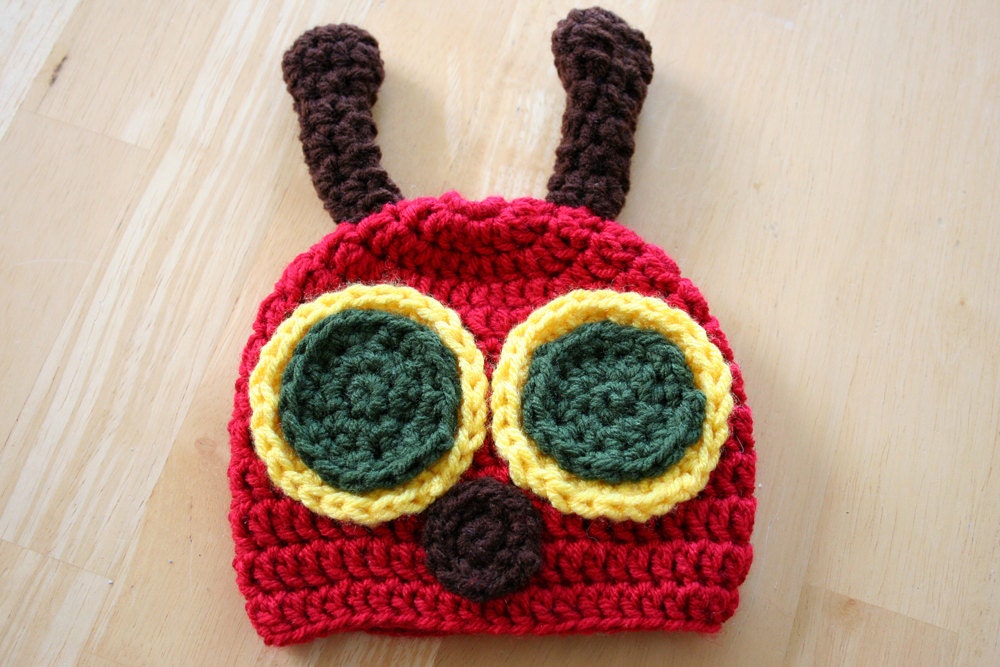 Caterpillar Hat, crochet photo prop, newborn photo prop, red green and yellow, Newborn to 12 Months