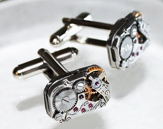 GIRARD PERREGAUX Steampunk Cufflinks - RARE Luxury Swiss Matching Silver Vintage Watch Movement Men Steampunk Cufflinks Cuff Links Gift