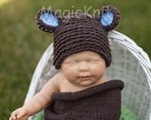 015 Adorable Chunky Chocolate Brown Bear Hat. Great for Photo Prop. Size Newborn.