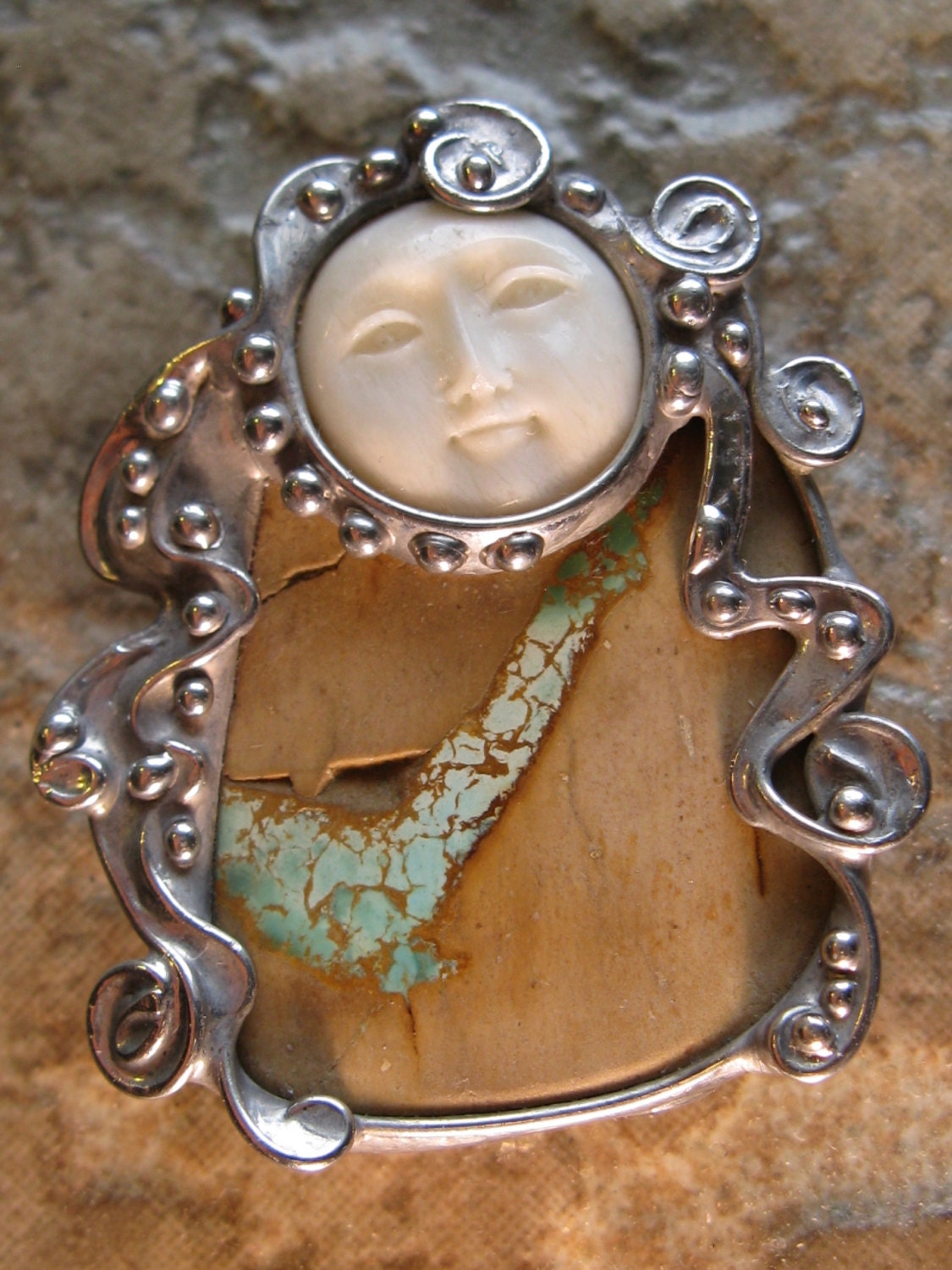 Goddess Pin or Pendant - Carved Bone and Royston Ribbon Turquoise