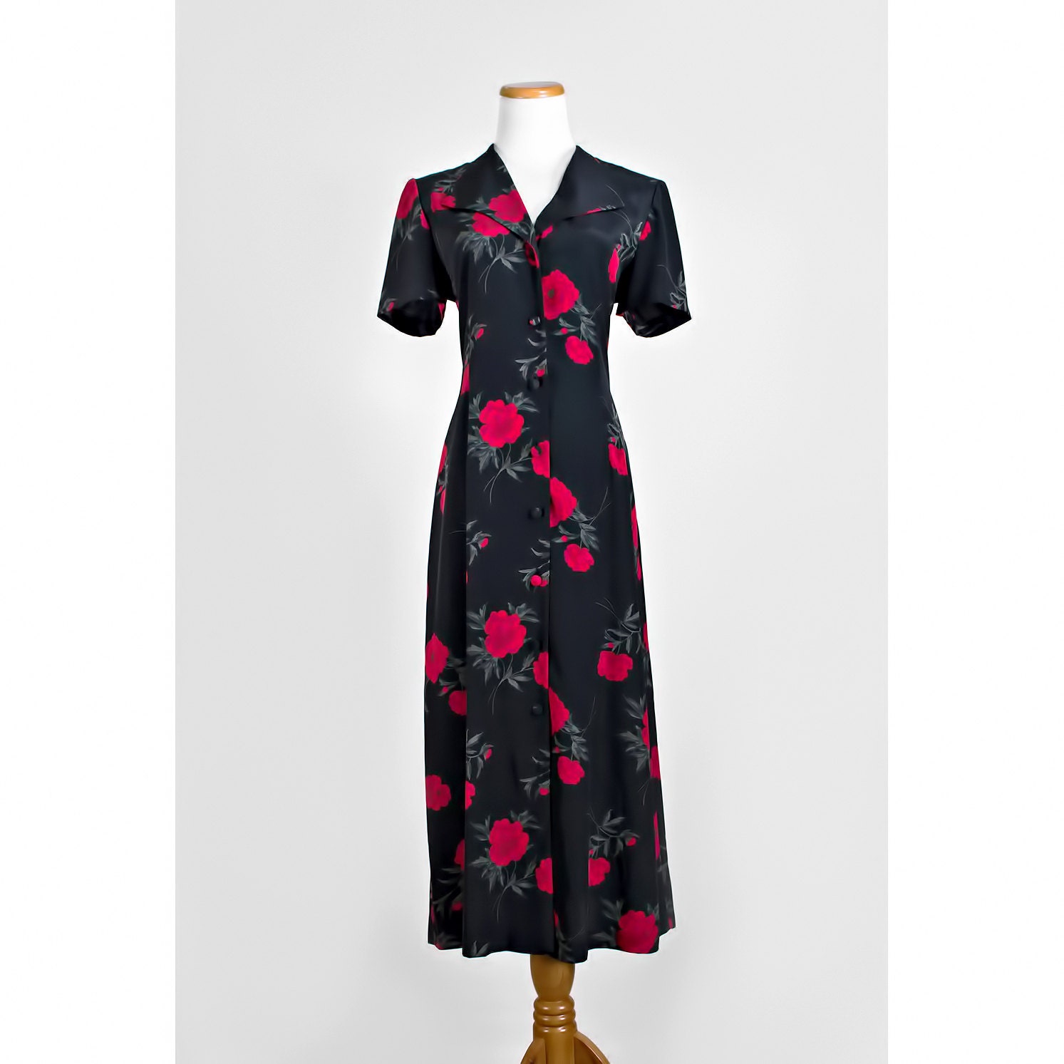1990s Grunge Maxi Dress / 90s Leslie Fay Black Floral Shirt Dress / Medium to Large 12
