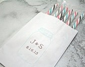 Mason jar favor bags, 50.  Blue Mason jar with custom initials.  Wedding, engagement, bridal shower.