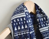 INFINITY SCARF - Screen Printed - Aztec Inspired White Pattern on Navy Blue
