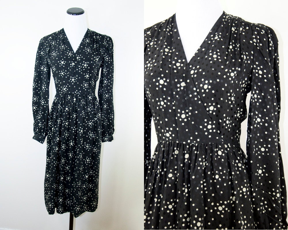 80s Vintage Silk Polka Dot Wrap Dress (XS, S)