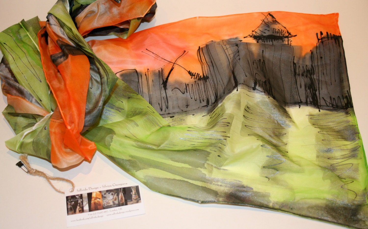 Hand painted silk scarf "Sunset in Canary Wharf" free shipping for UK
