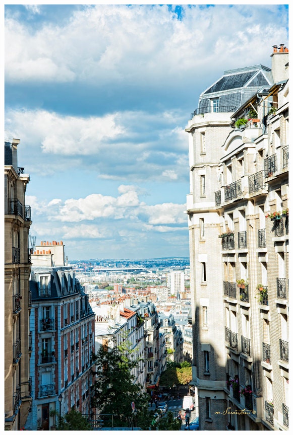 Paris photograph - Montmartre over Paris - French cityscape - Fine art travel photography - windows, clouds - ivory, blue