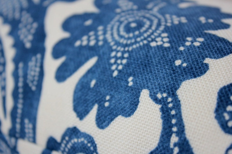Floral Batik Decorative Designer Bolster Pillow Cover 10x22 NEW Navy Blue Indigo Accent Throw Cushion P Kaufmann Ikat boho
