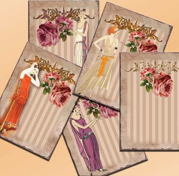 Buy gift tags and printable cards - Great Gatsby VINTAGE ROARING TWENTIES Peachy Keen tags flappers printable paper gift tags mirrors magnets cards 338 instant download