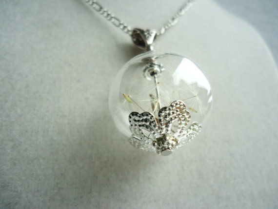 Real Dandelion Seed Glass Orb Necklace In Silver Medium Orb