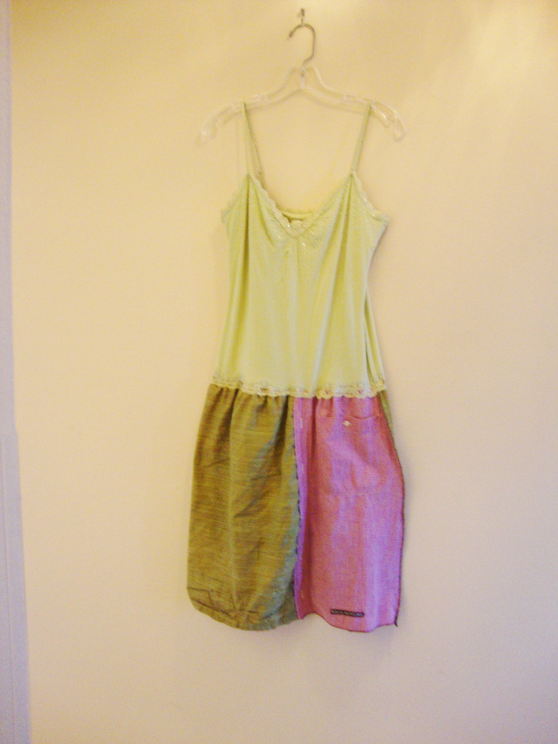 Upcycled Camisole Silk Dress/ Womens Dress/Sage Green and Rose